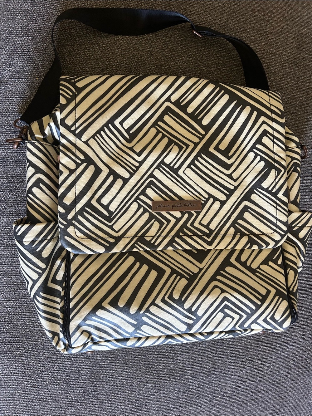 Petunia Pickle Bottom “Brushes” Black and Cream Patterned Diaper Bag